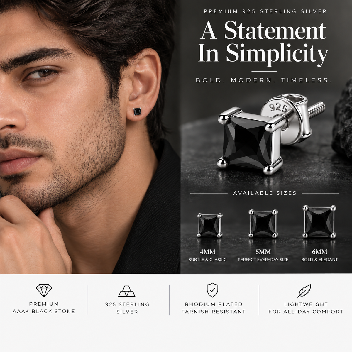 Square Black Stone Stud Earring