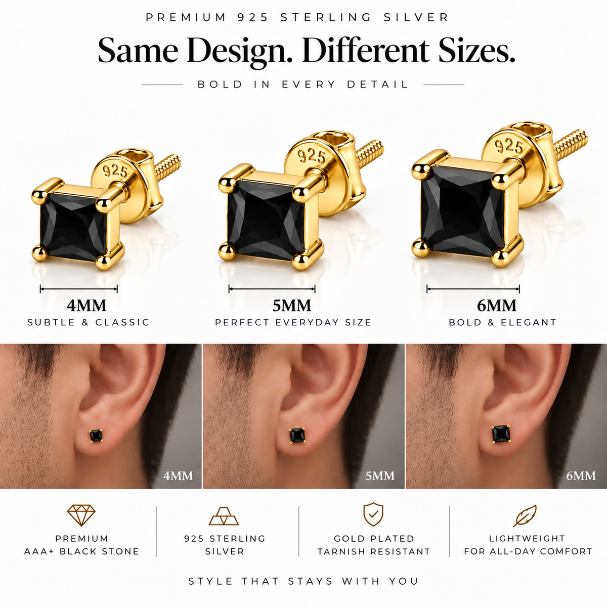 Square Black Stone Stud Earring