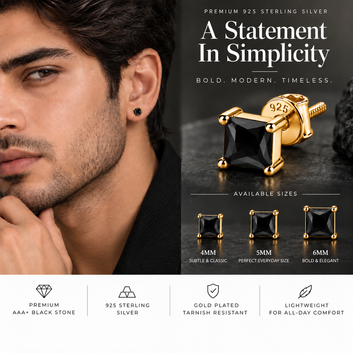 Square Black Stone Stud Earring
