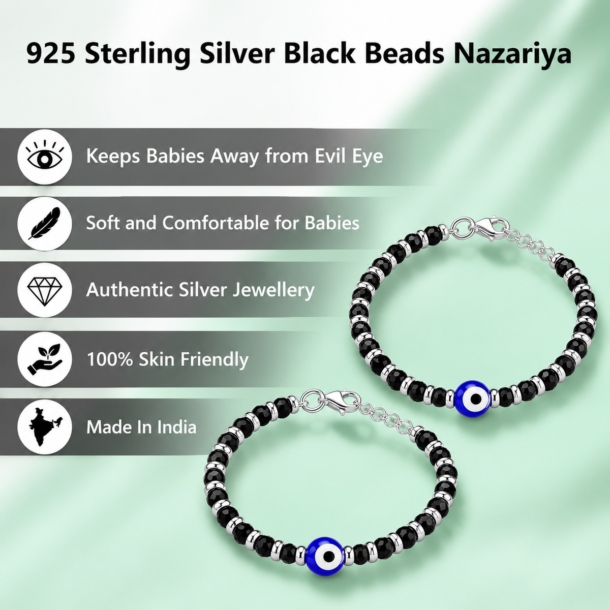 Swoke 925 Sterling Silver Evil Eye Baby Nazariya Bracelet with Black Beads