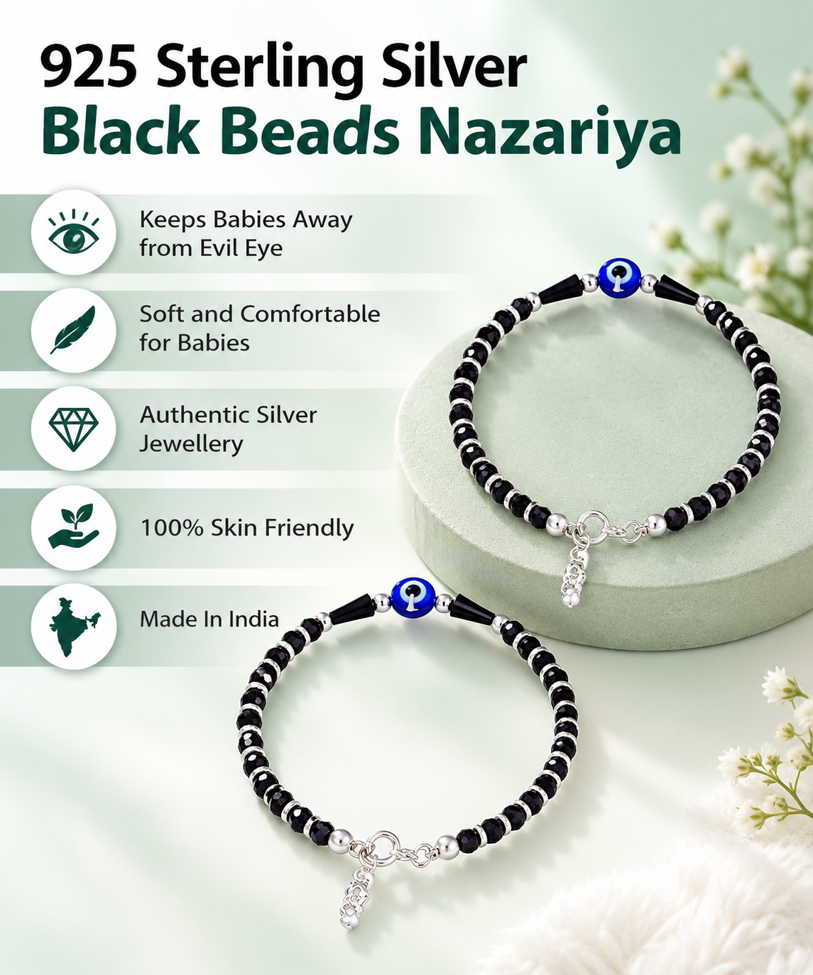 Swoke 925 Sterling Silver Evil Eye Baby Nazariya Bracelet with Black Beads