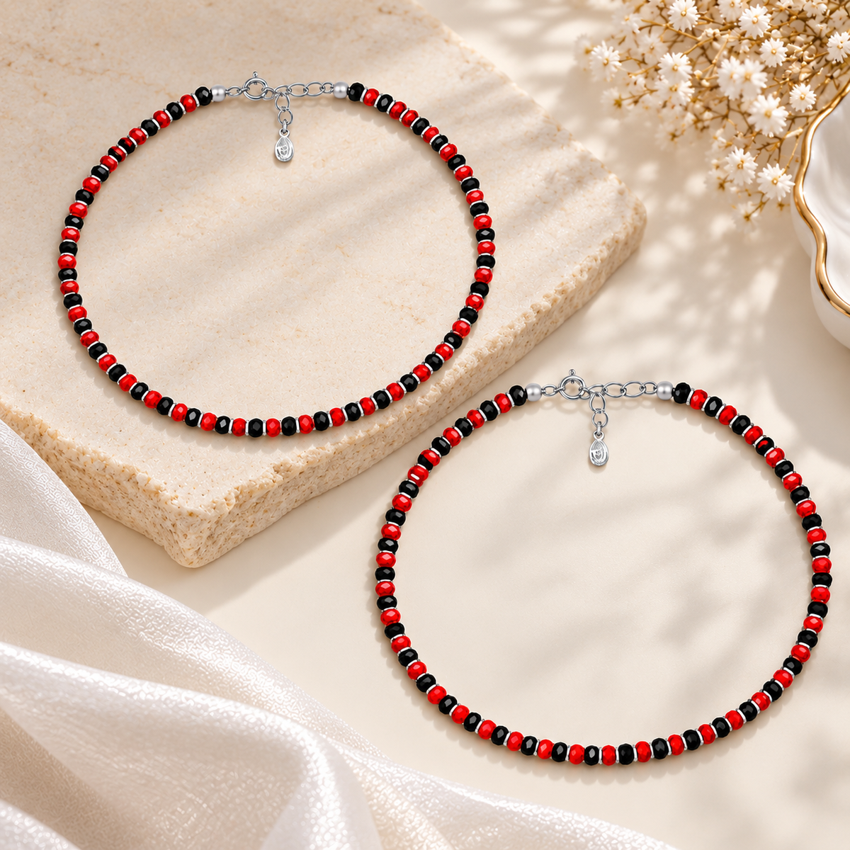 925 Sterling Silver Red & Black Beads Payal