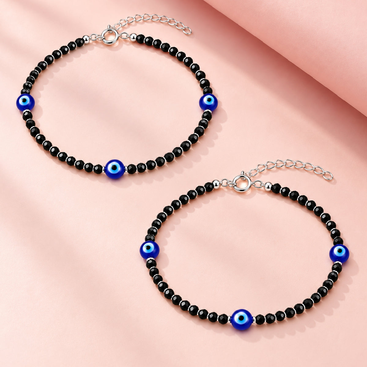 925 Sterling Silver Triple Evil Eye Black Beads Payal