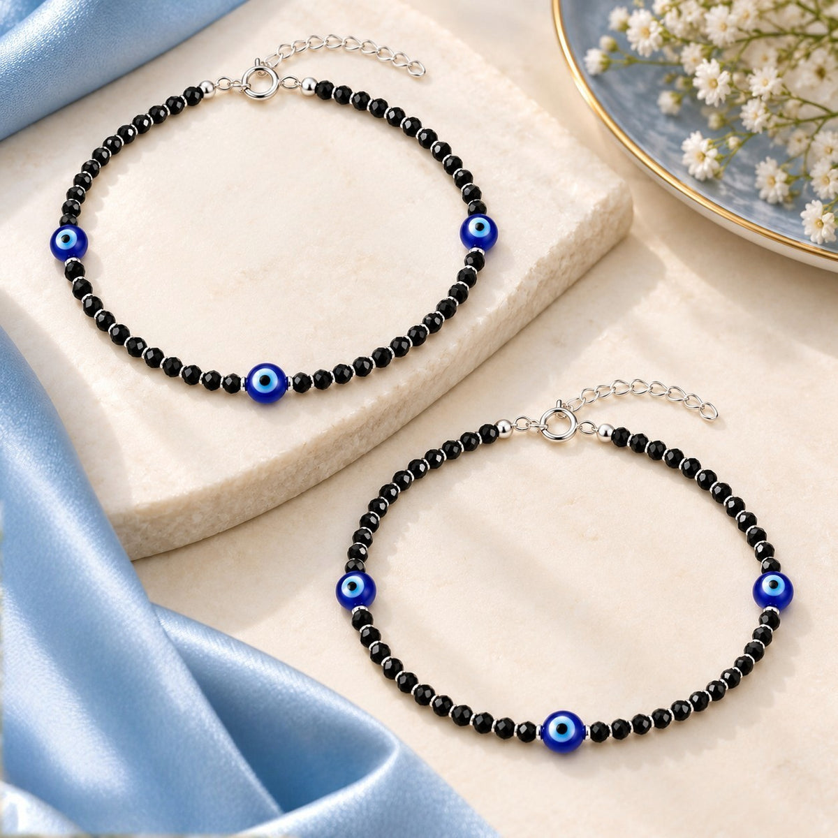 925 Sterling Silver Triple Evil Eye Black Beads Payal