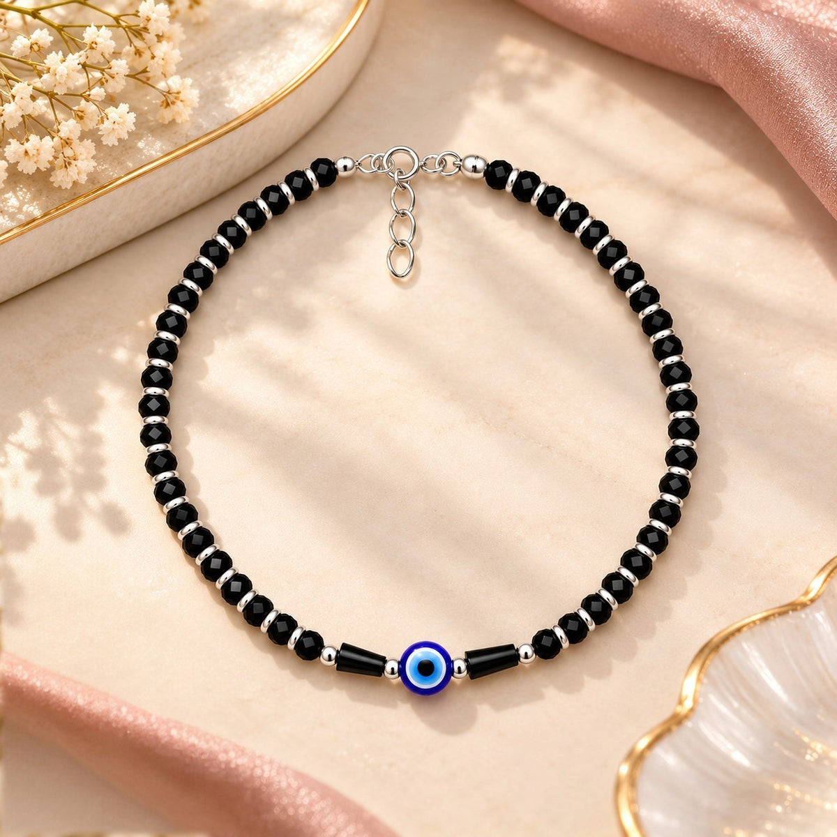 925 Sterling Silver Evil Eye Black Beads Payal