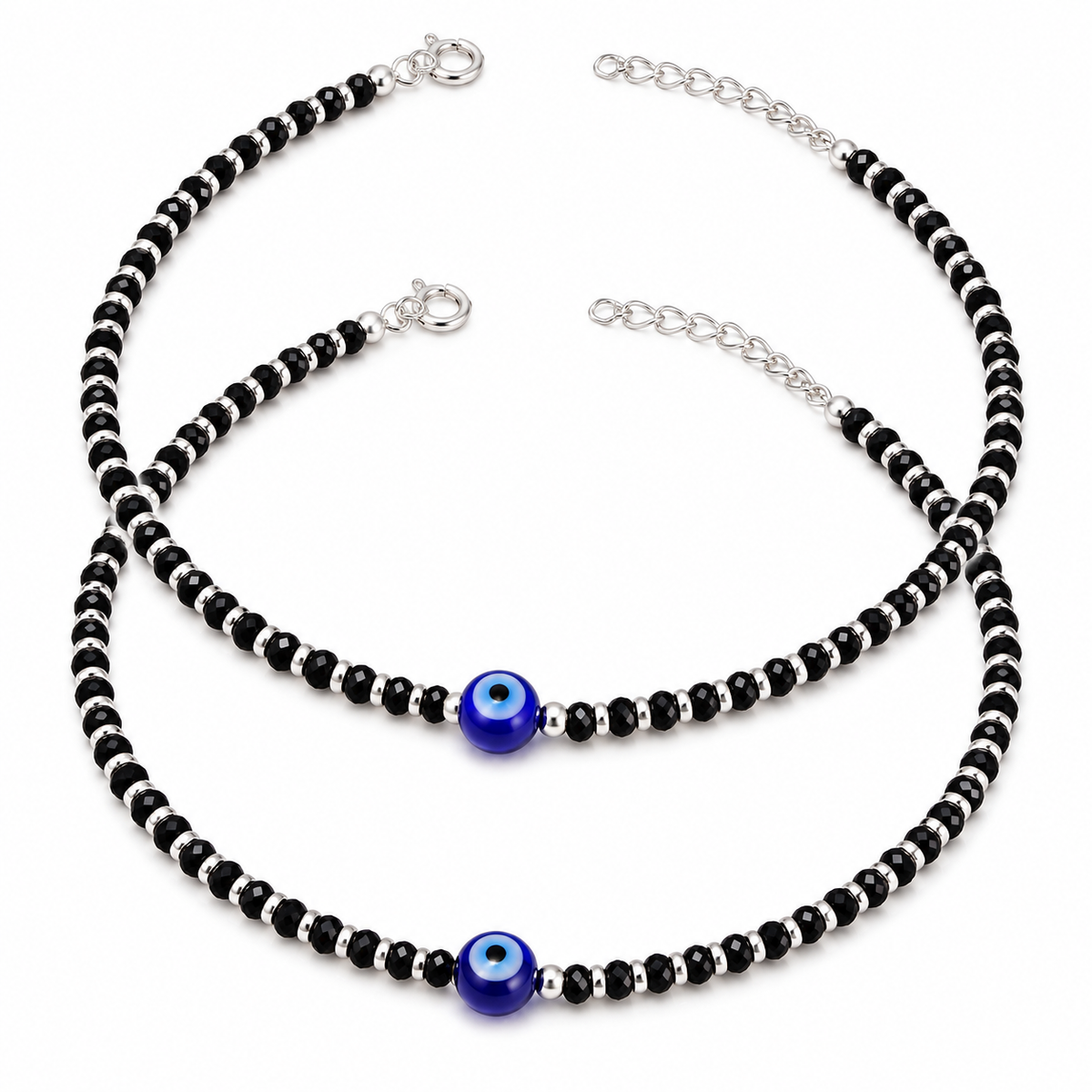 925 Sterling Silver Evil Eye Black Beads Anklets
