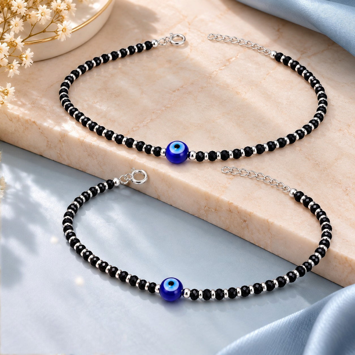 925 Sterling Silver Evil Eye Black Beads Anklets