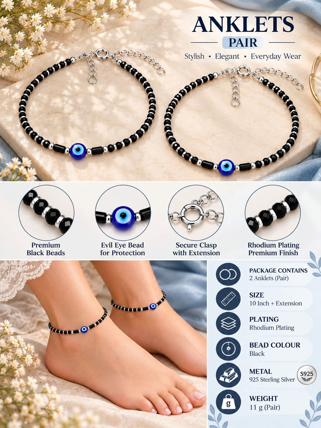 925 Sterling Silver Evil Eye Black Beads Anklets