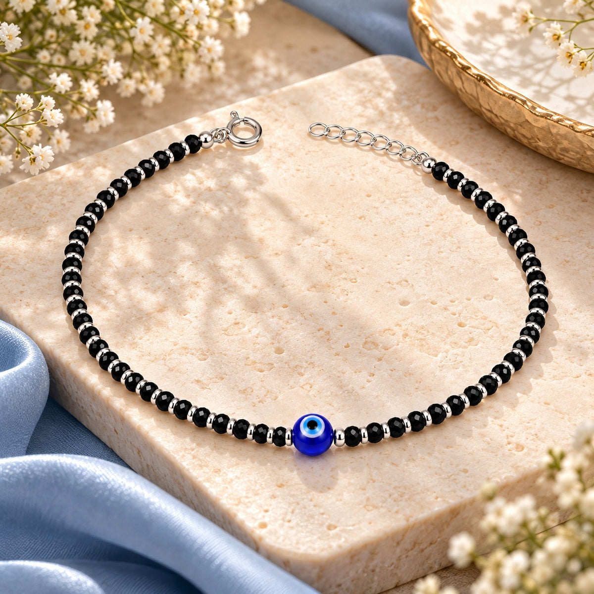 925 Sterling Silver Evil Eye Black Beads Anklets