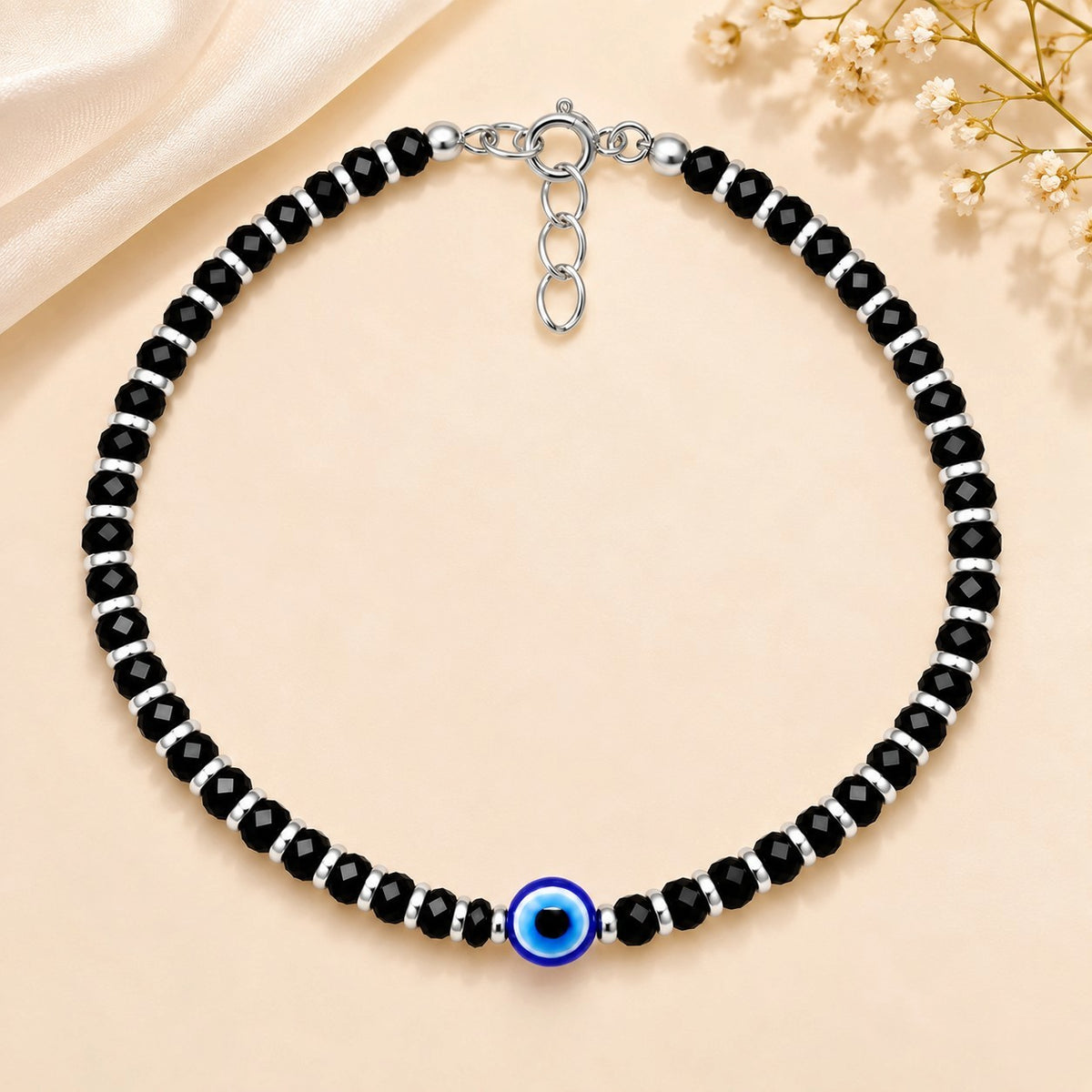925 Sterling Silver Evil Eye Black Beads Nazariya Bracelet