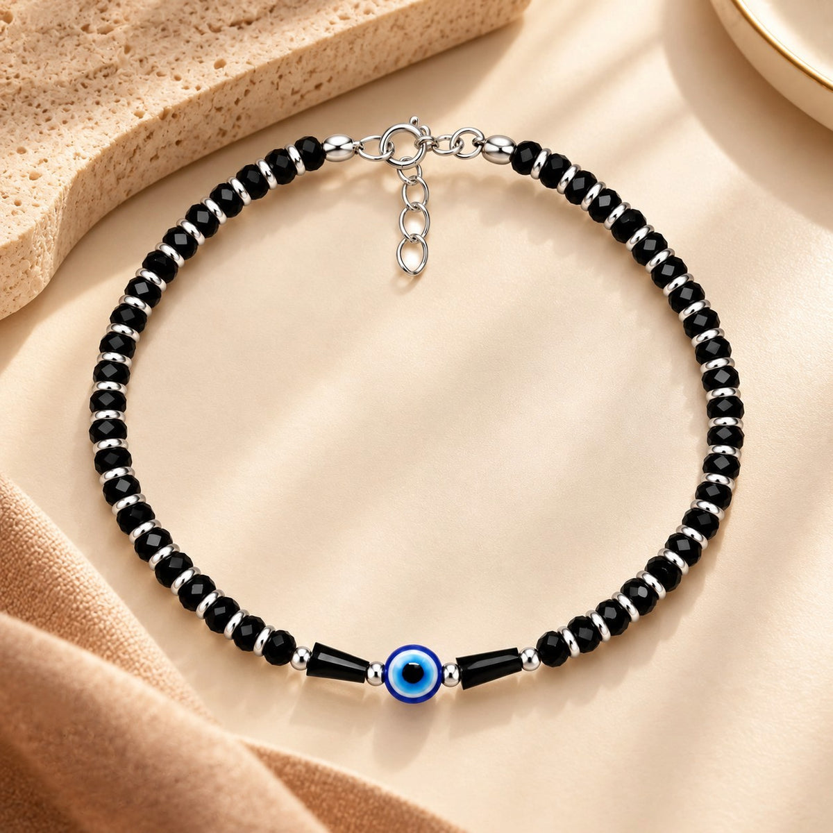 925 Sterling Silver Evil Eye Black Beads Bracelet