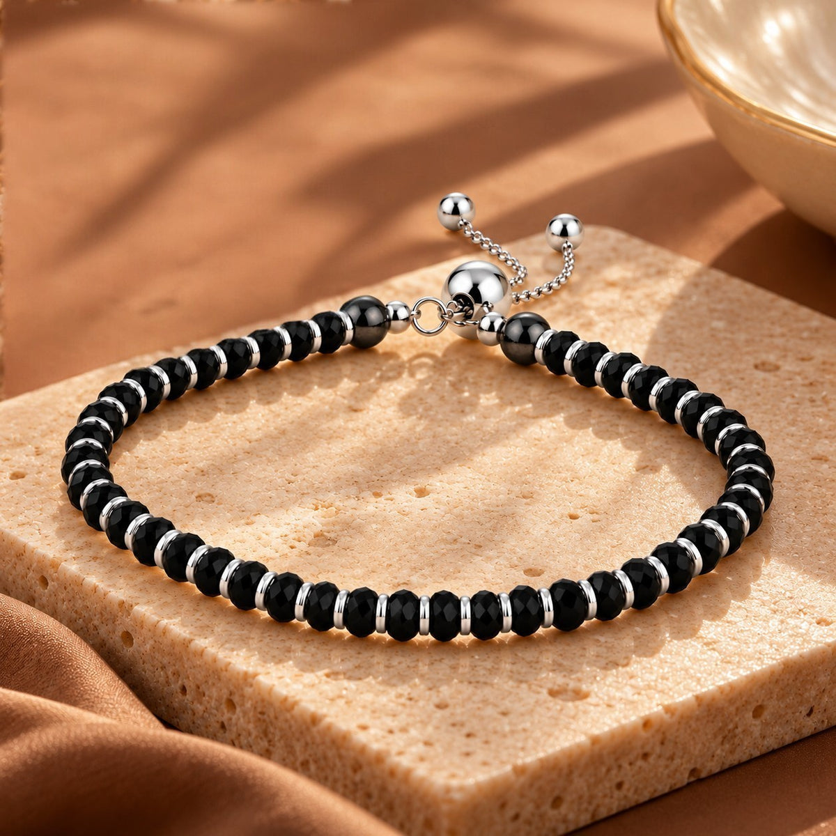 925 Sterling Silver Black Beads Adjustable Nazariya Bracelet
