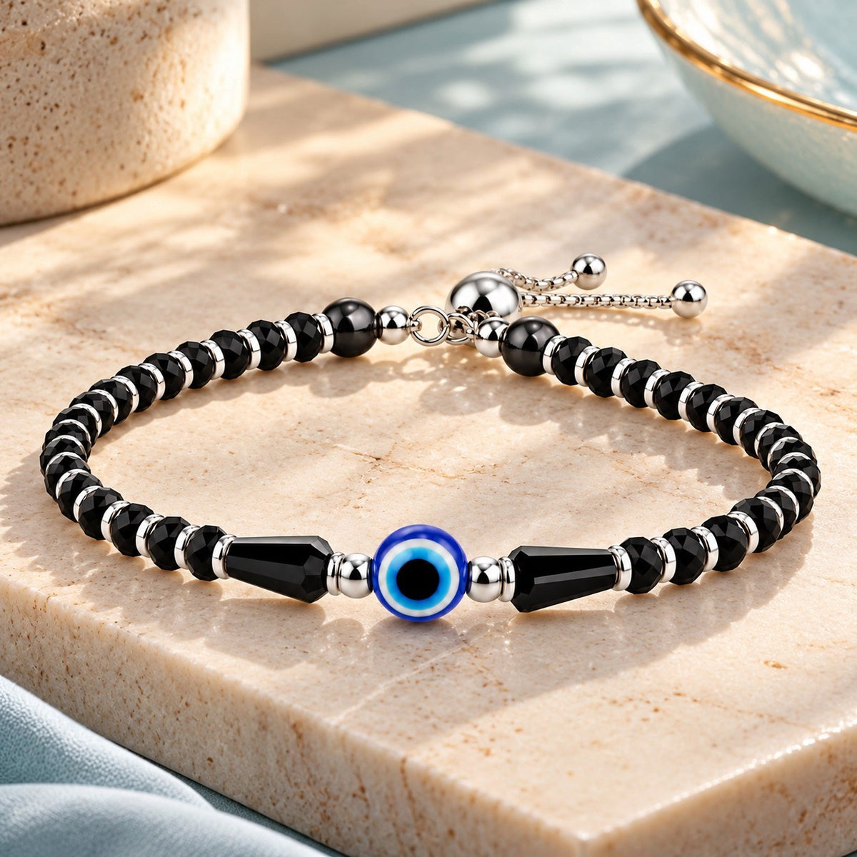 925 Sterling Silver Evil Eye Black Beads Nazariya Bracelet