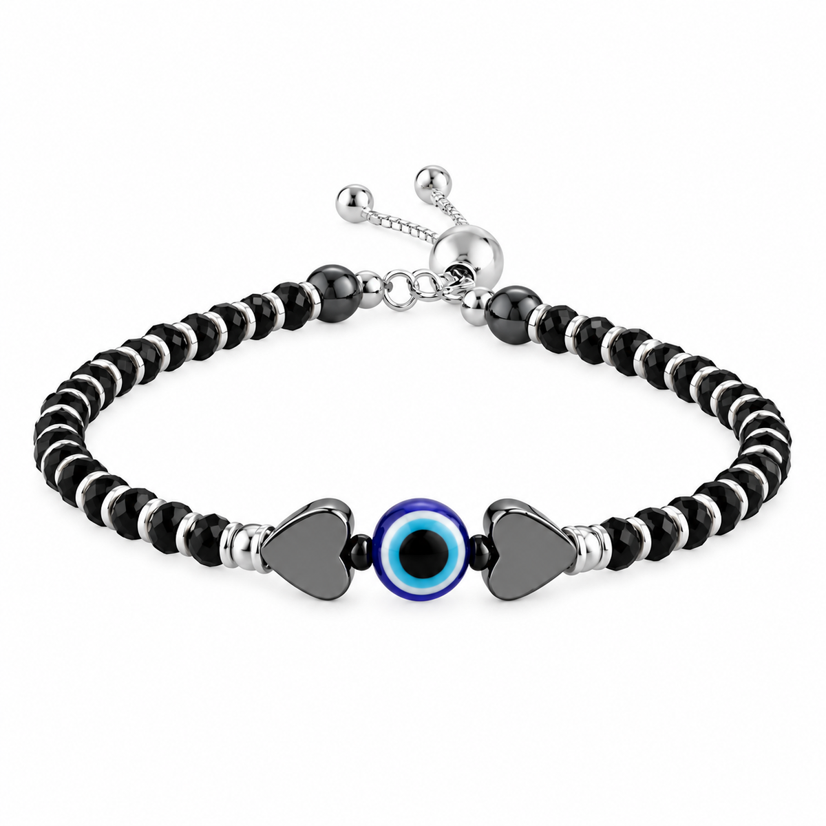 925 Sterling Silver Evil Eye Heart Black Beads Adjustable Bracelet