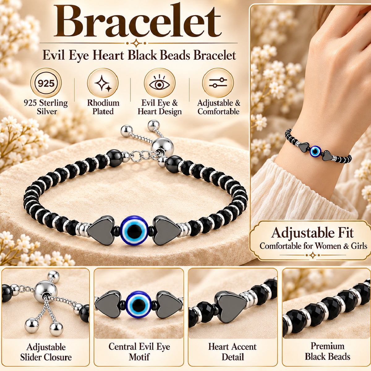 925 Sterling Silver Evil Eye Heart Black Beads Adjustable Bracelet