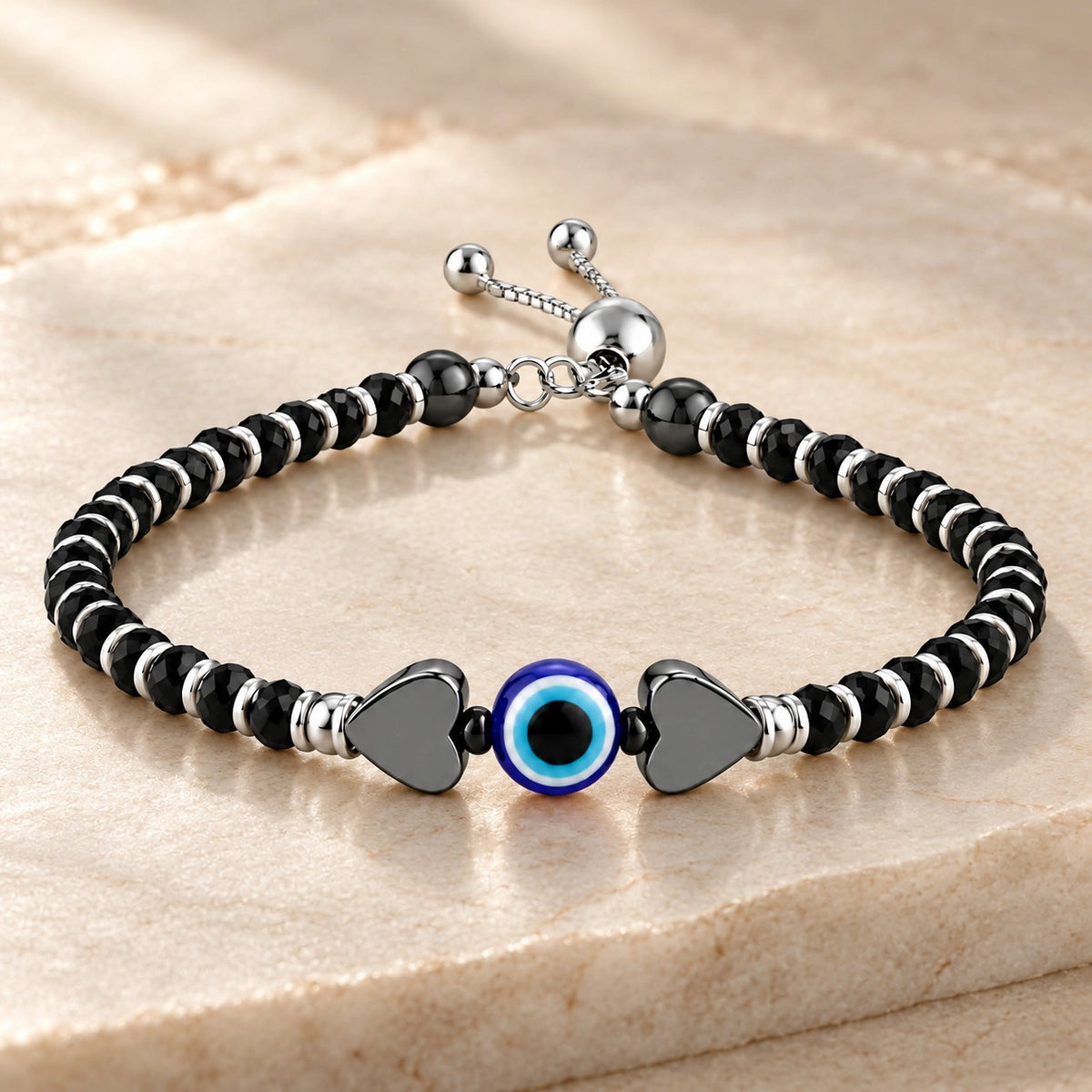 925 Sterling Silver Evil Eye Heart Black Beads Adjustable Bracelet