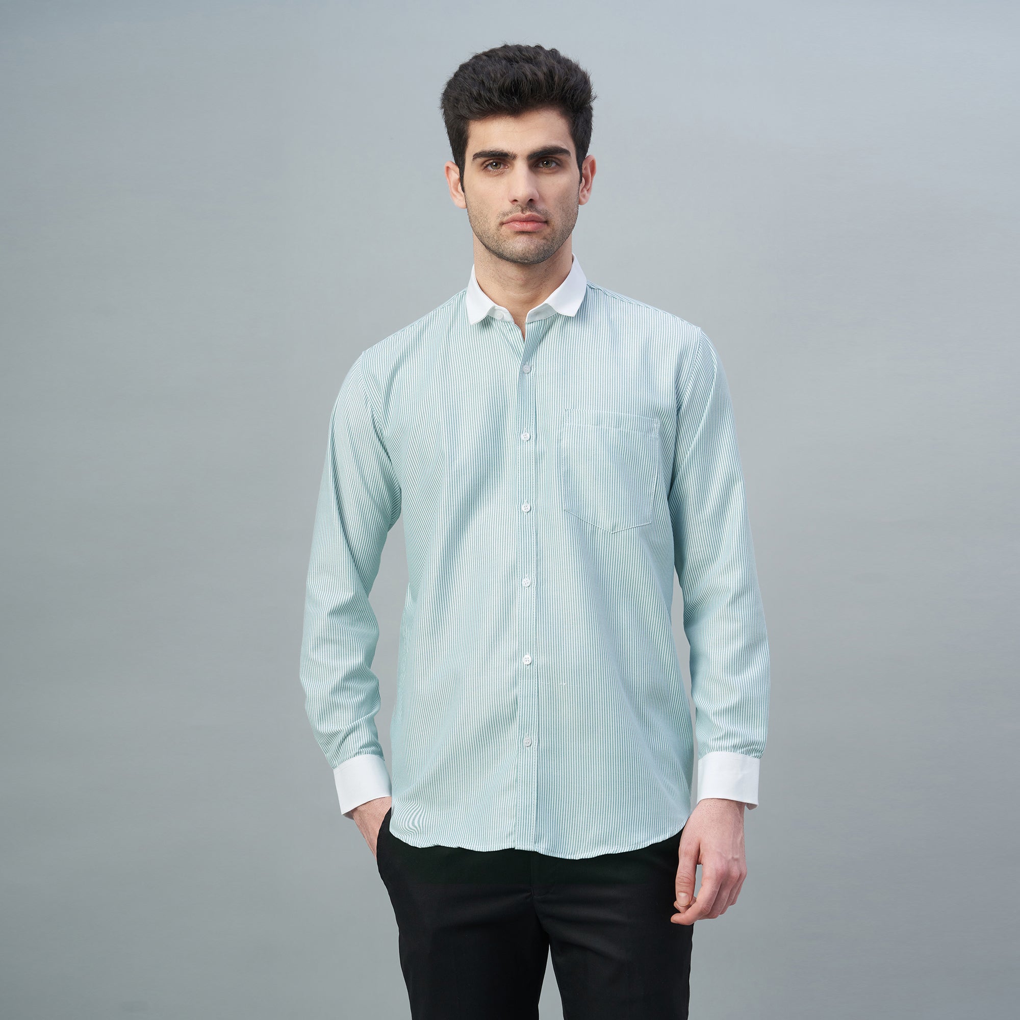 Men's Light Green Stripes 100% Cotton Shirt