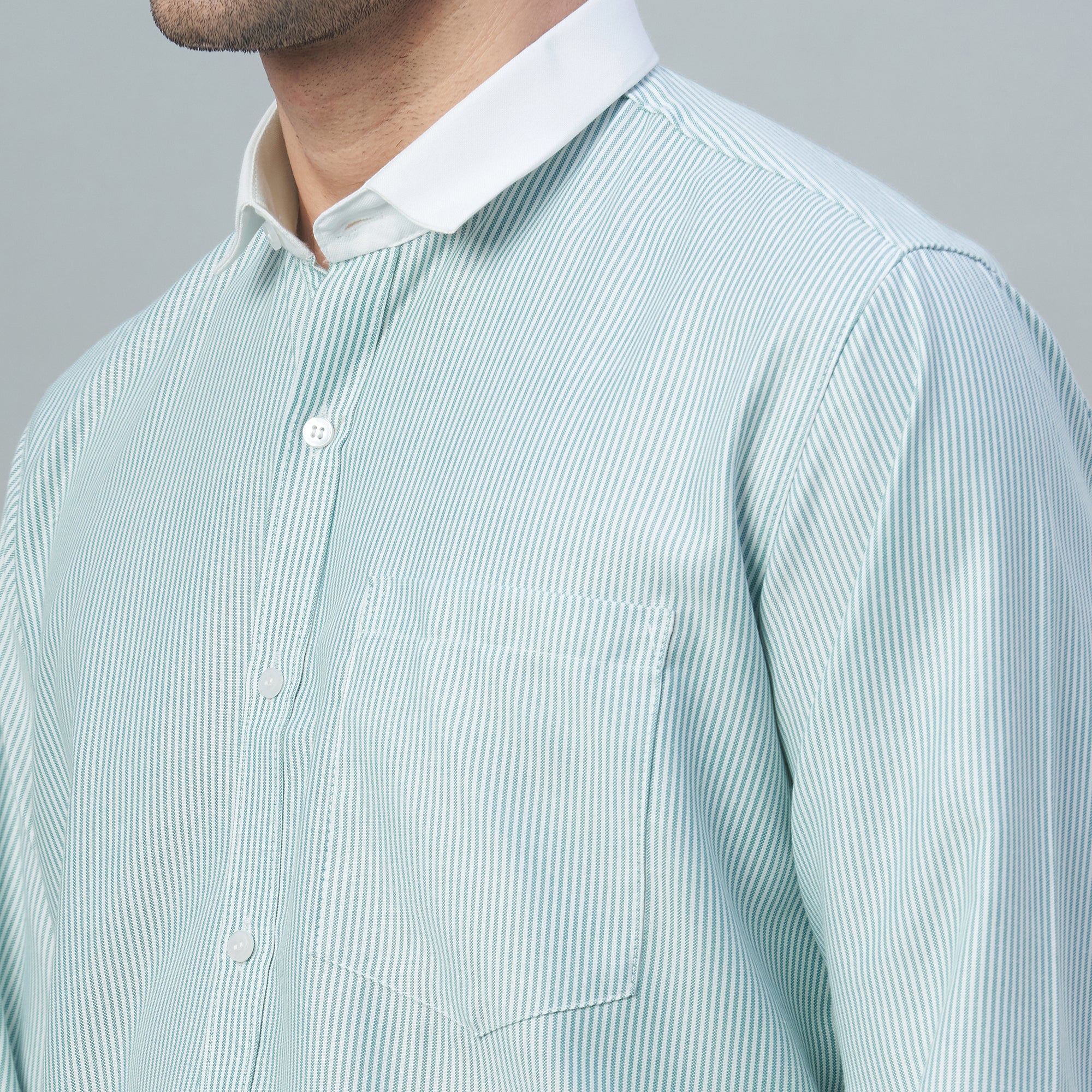 Men's Light Green Stripes 100% Cotton Shirt