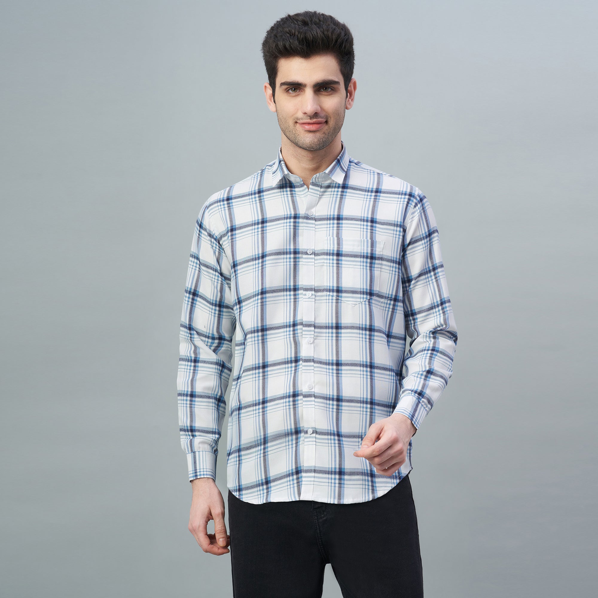 Men's White & Blue Checks 100% Cotton Shirt