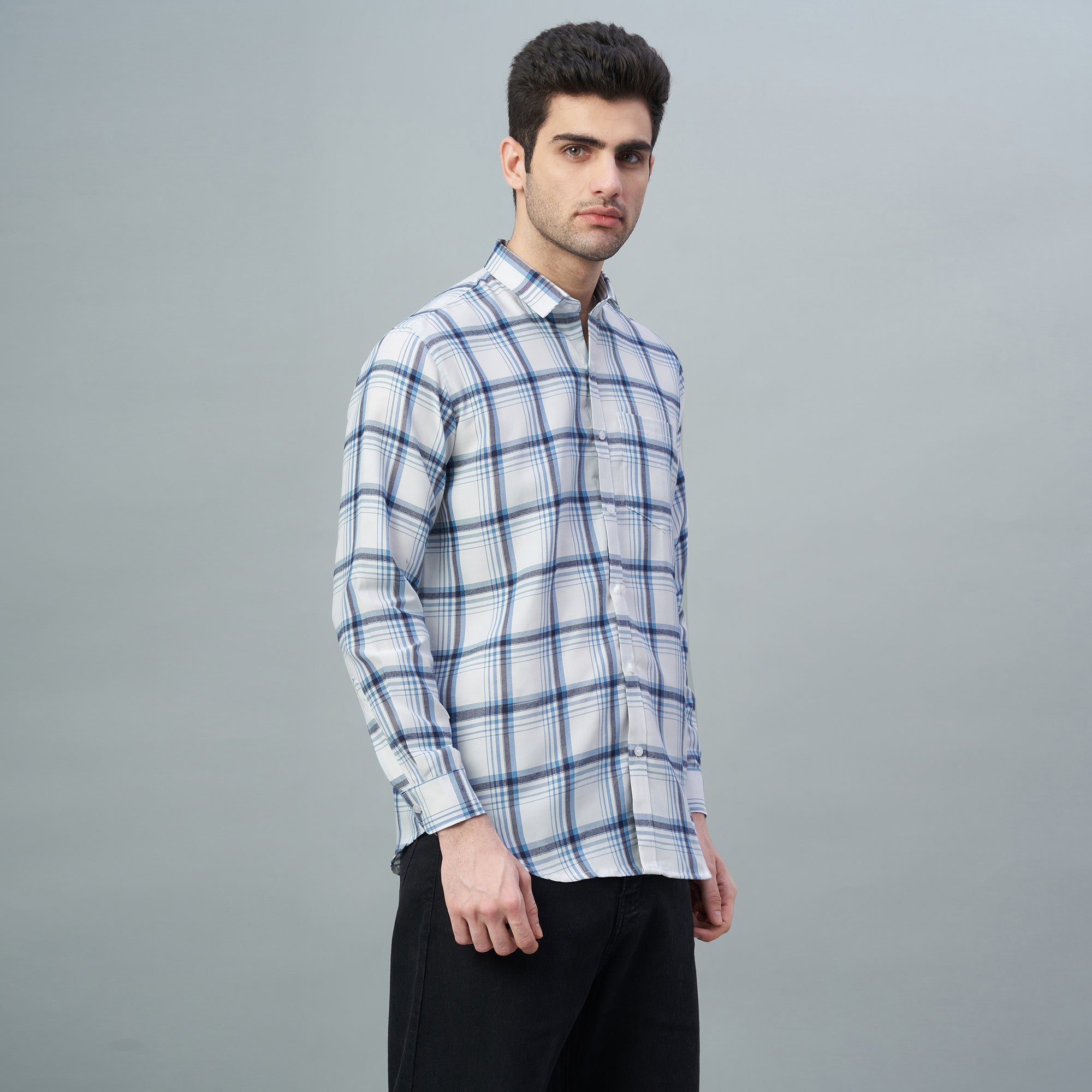 Men's White & Blue Checks 100% Cotton Shirt