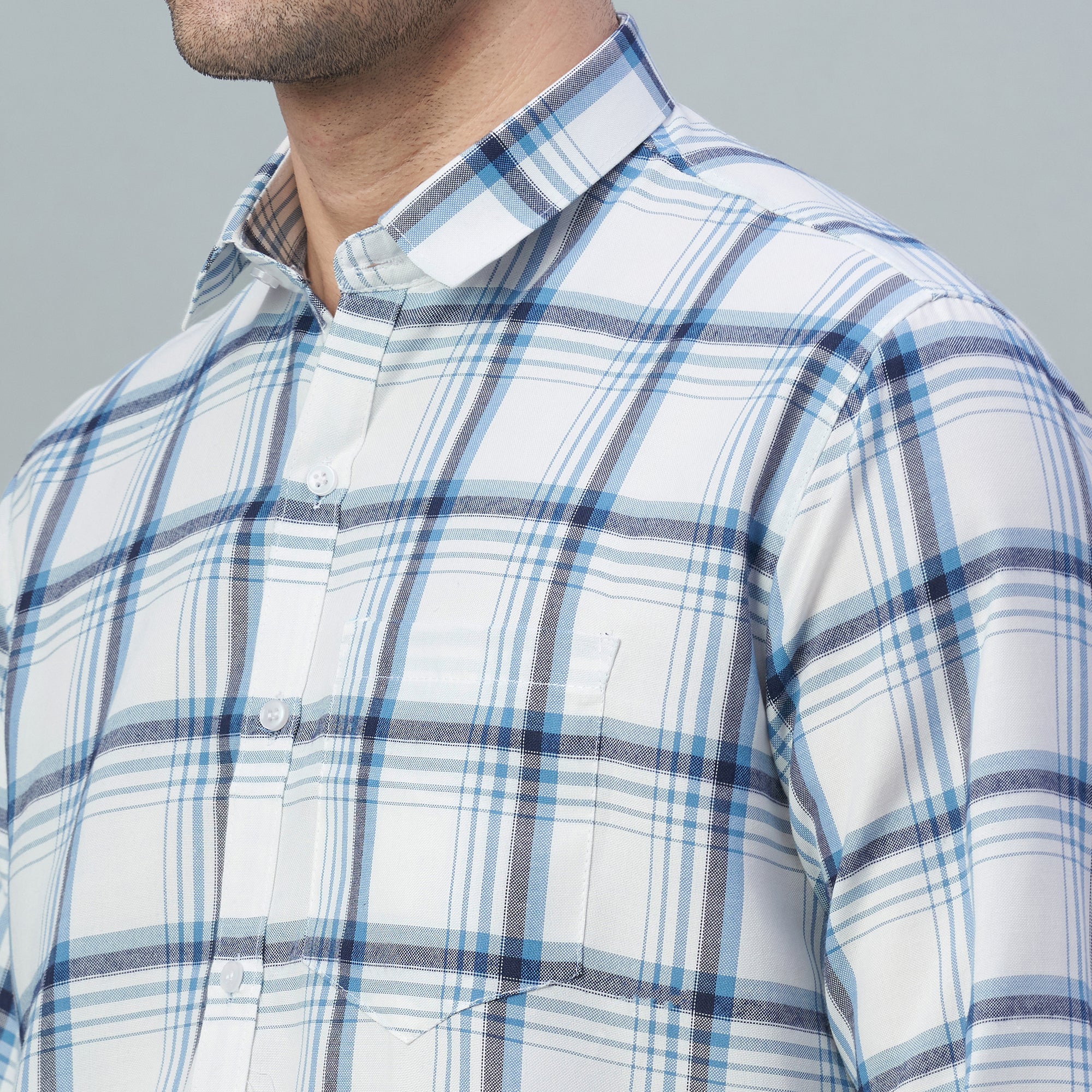Men's White & Blue Checks 100% Cotton Shirt