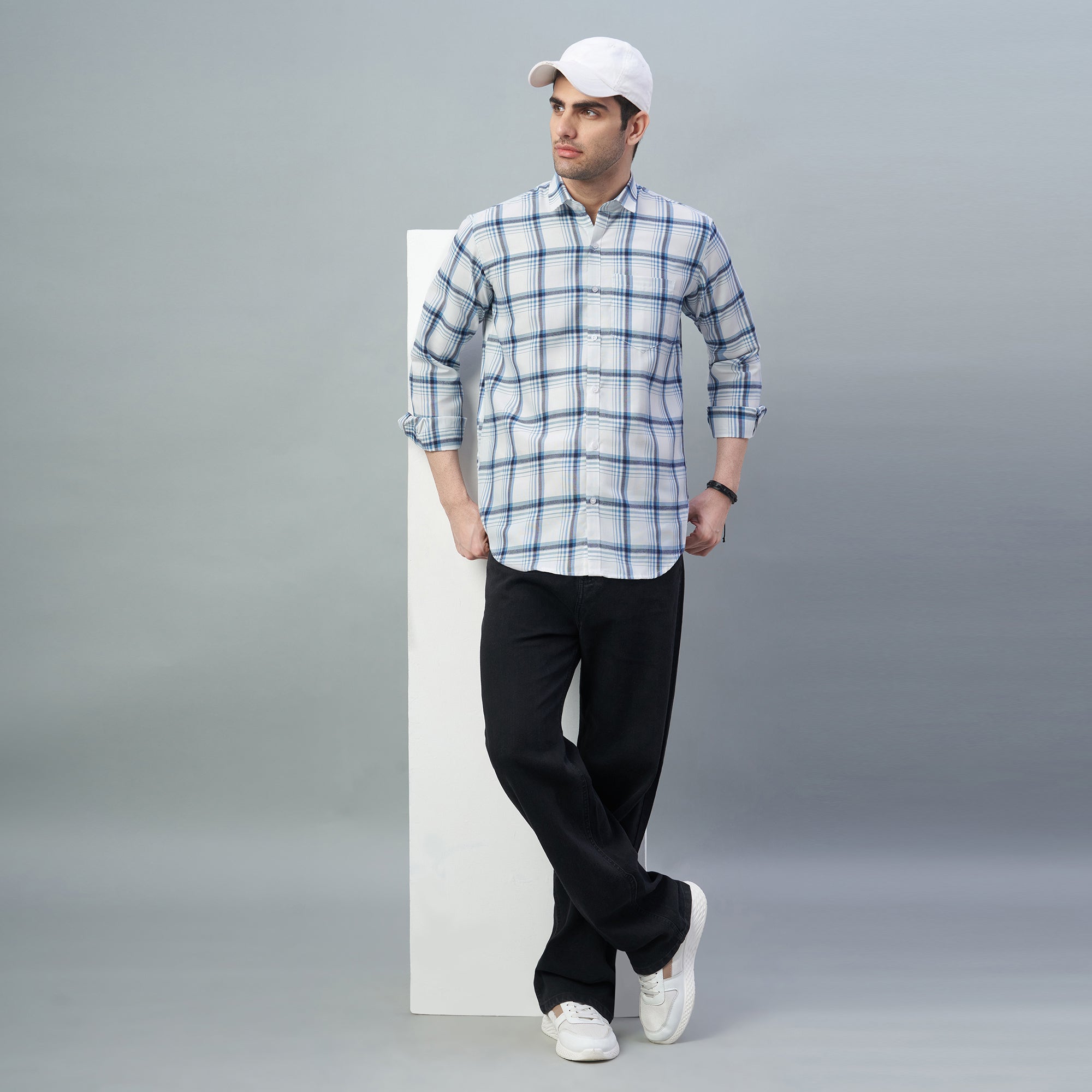 Men's White & Blue Checks 100% Cotton Shirt