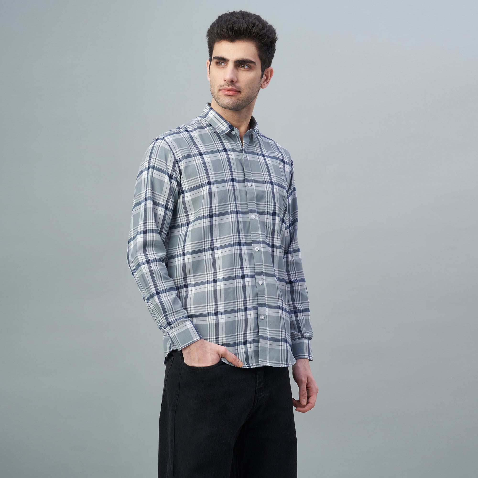 Men's Grey Checks 100% Cotton Shirt