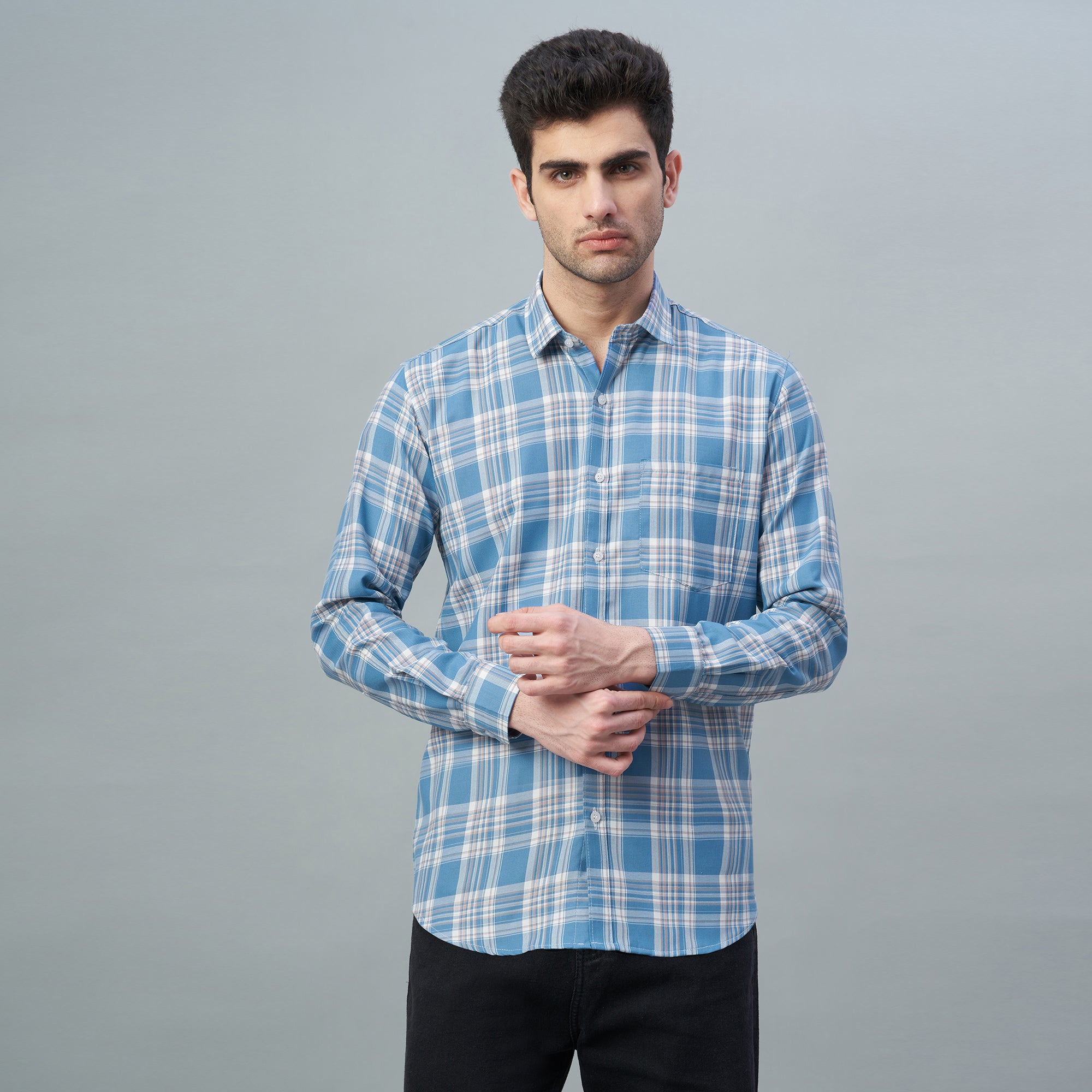 Men's Light Blue Checks 100% Cotton Shirt