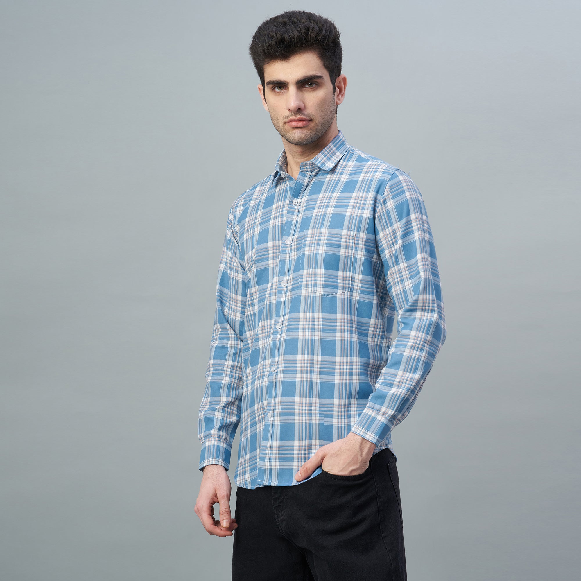 Men's Light Blue Checks 100% Cotton Shirt