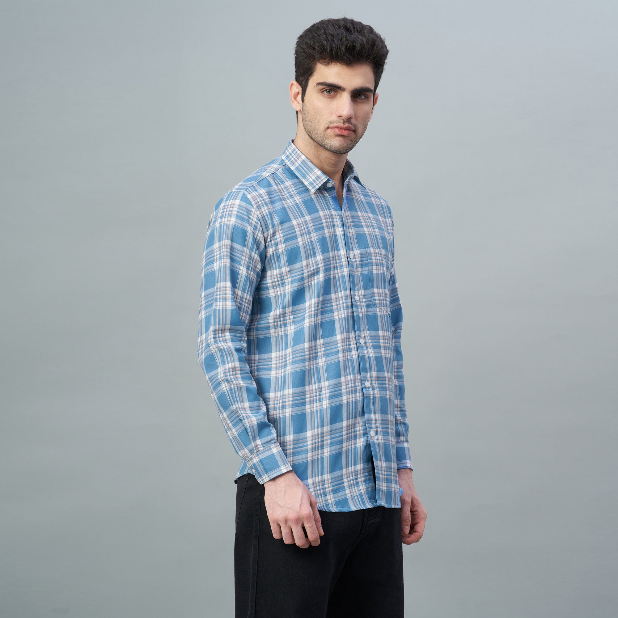 Men's Light Blue Checks 100% Cotton Shirt
