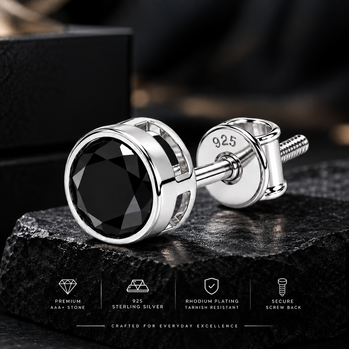 Swoke Round Black Stone Stud Earring - Angle 3 - 925 Sterling Silver for Men