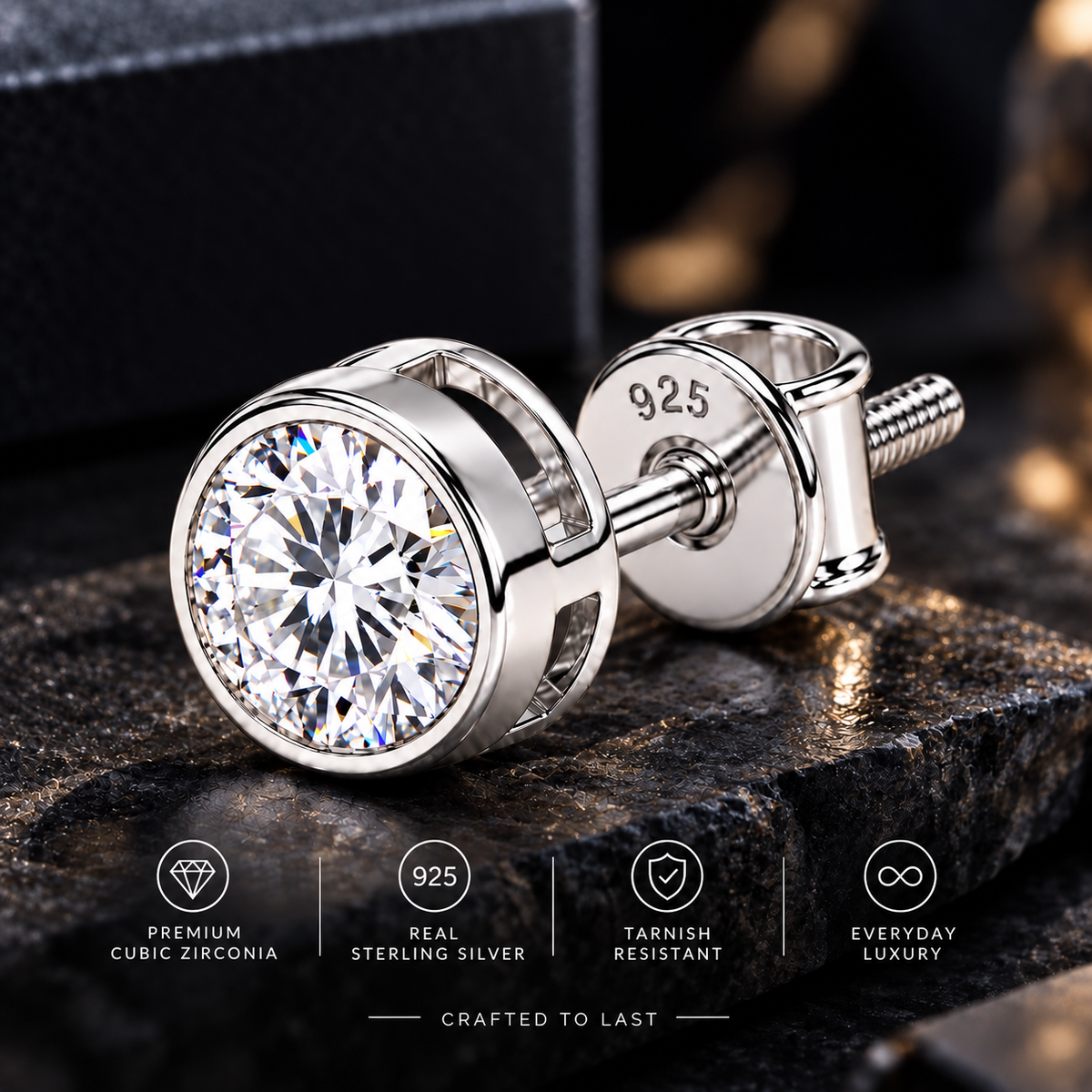 Swoke Round Clear Stone Stud Earring - Angle 3 - 925 Sterling Silver for Men