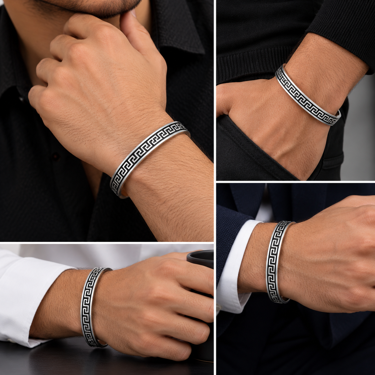 925 Sterling Silver Greek Key Cuff Kada