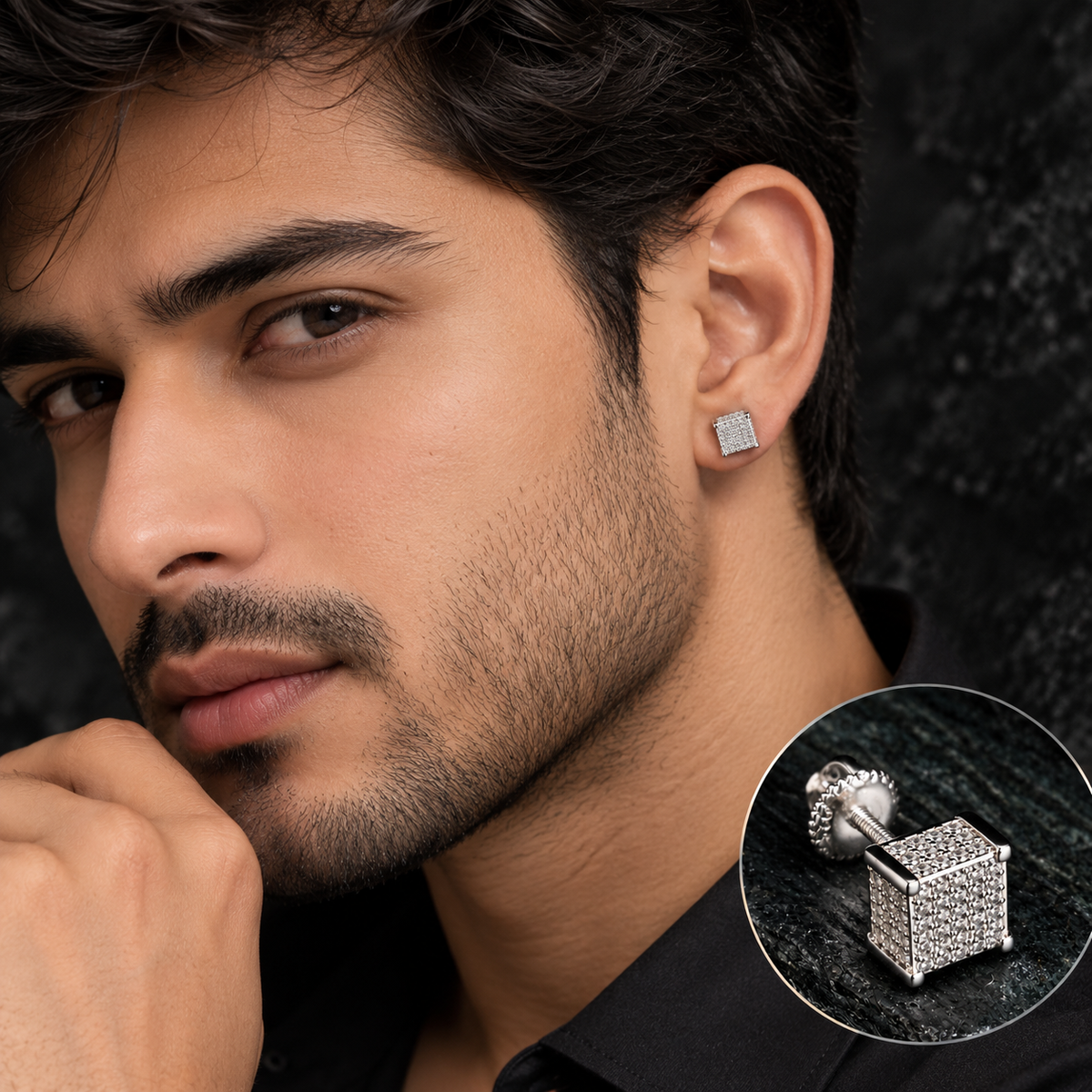 3D Cube Stud CZ Earrings for Men