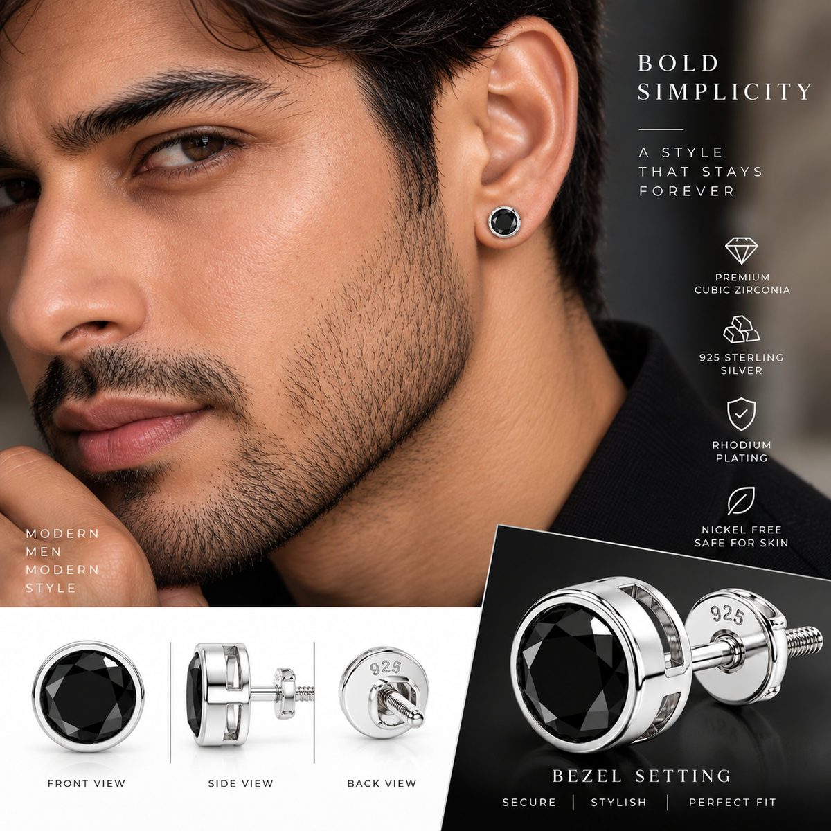 Round Black Stone Stud Earring