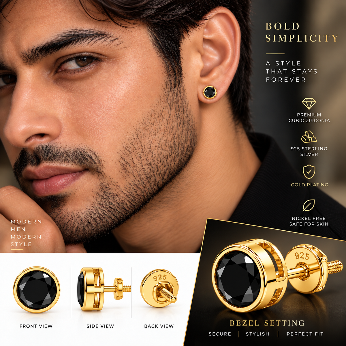 Round Black Stone Stud Earring