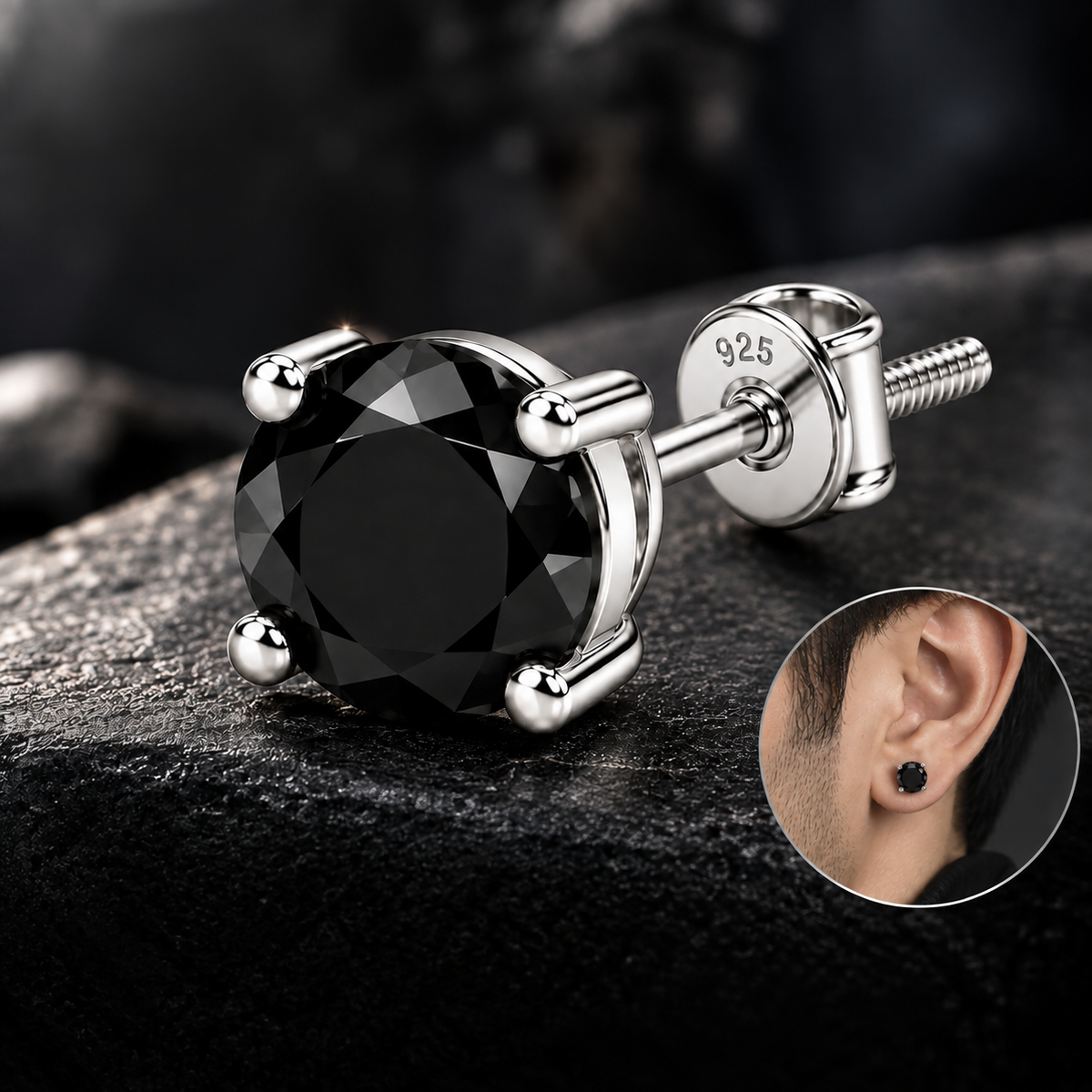 Round Black Solitaire Stud Earring