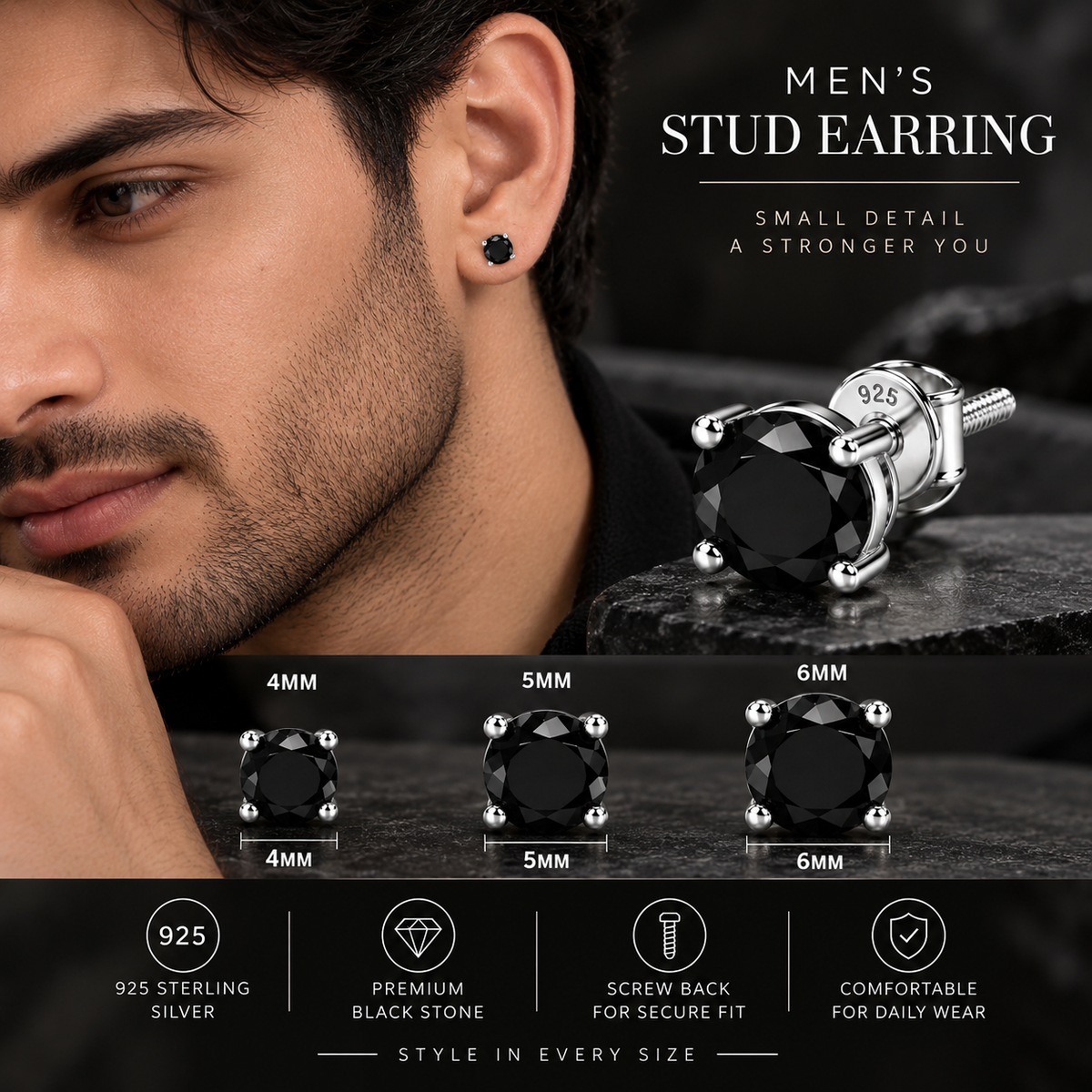Round Black Solitaire Stud Earring