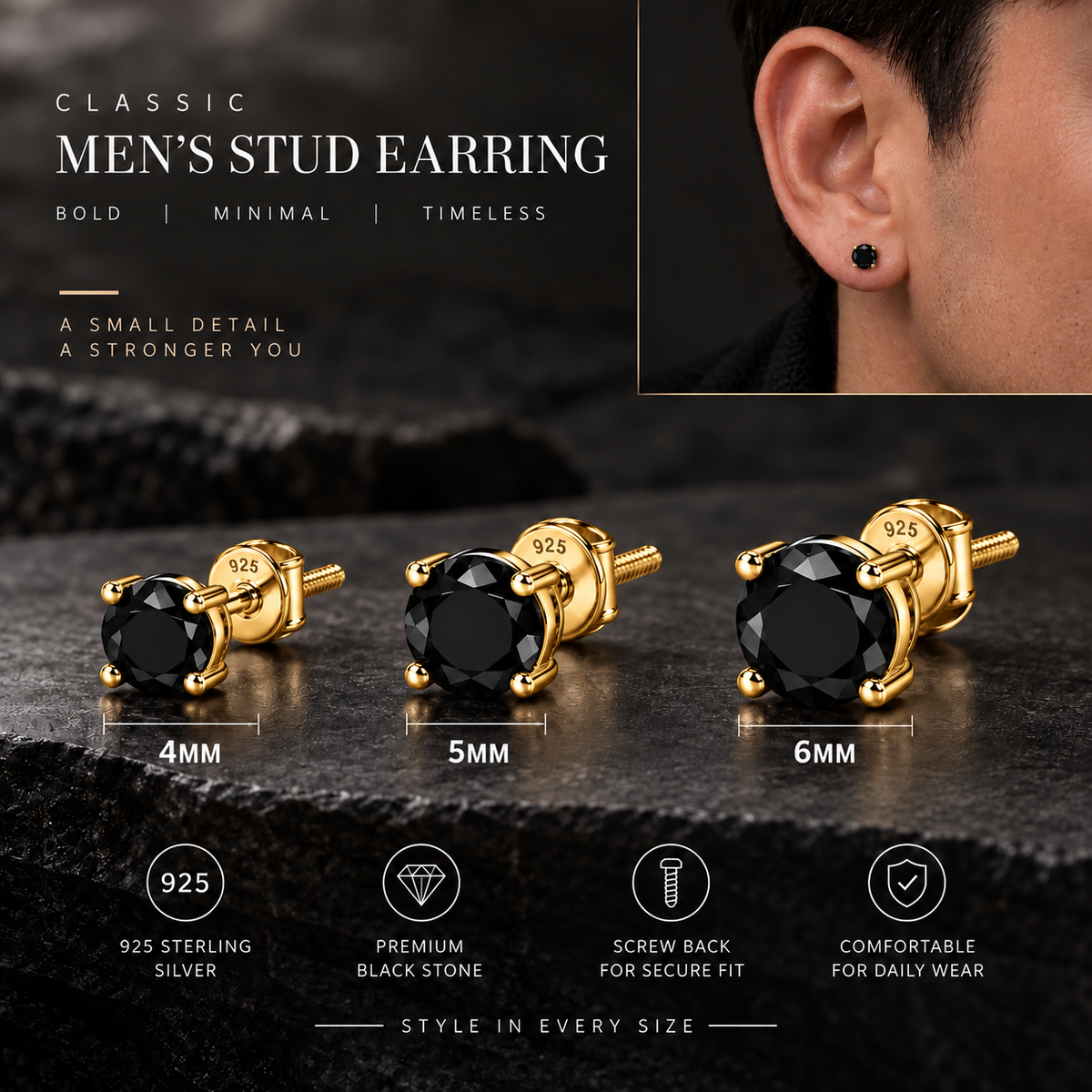 Round Black Solitaire Stud Earring