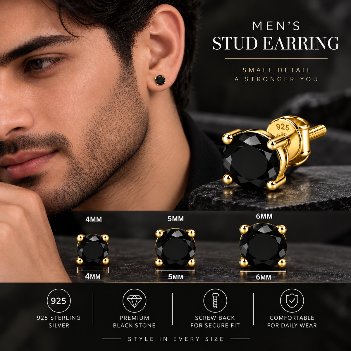 Round Black Solitaire Stud Earring