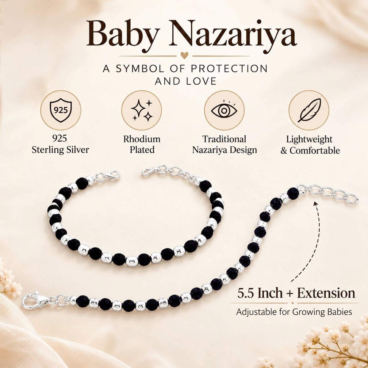 Swoke 925 Sterling Silver Baby Nazariya Bracelet with Black & Silver Beads