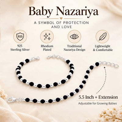 Swoke 925 Sterling Silver Baby Nazariya Bracelet with Black & Silver Beads