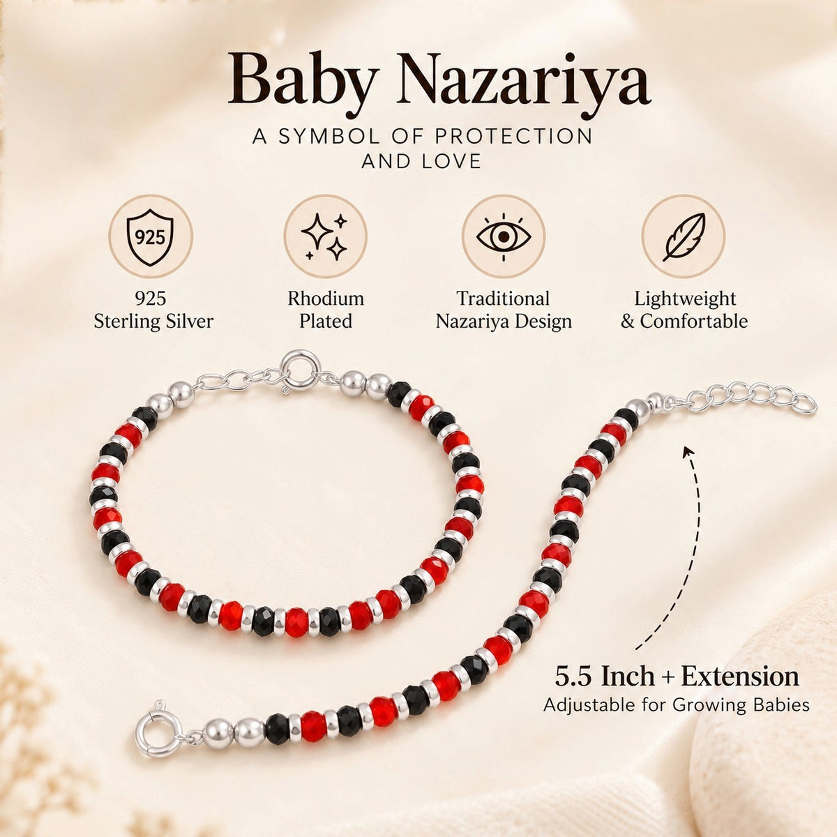 Swoke 925 Sterling Silver Red & Black Beads Baby Nazariya Bracelet