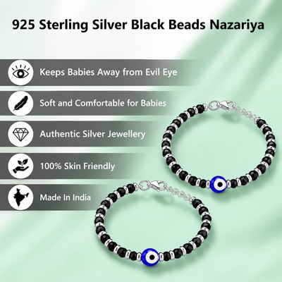 Swoke 925 Sterling Silver Evil Eye Baby Nazariya Bracelet with Black Beads