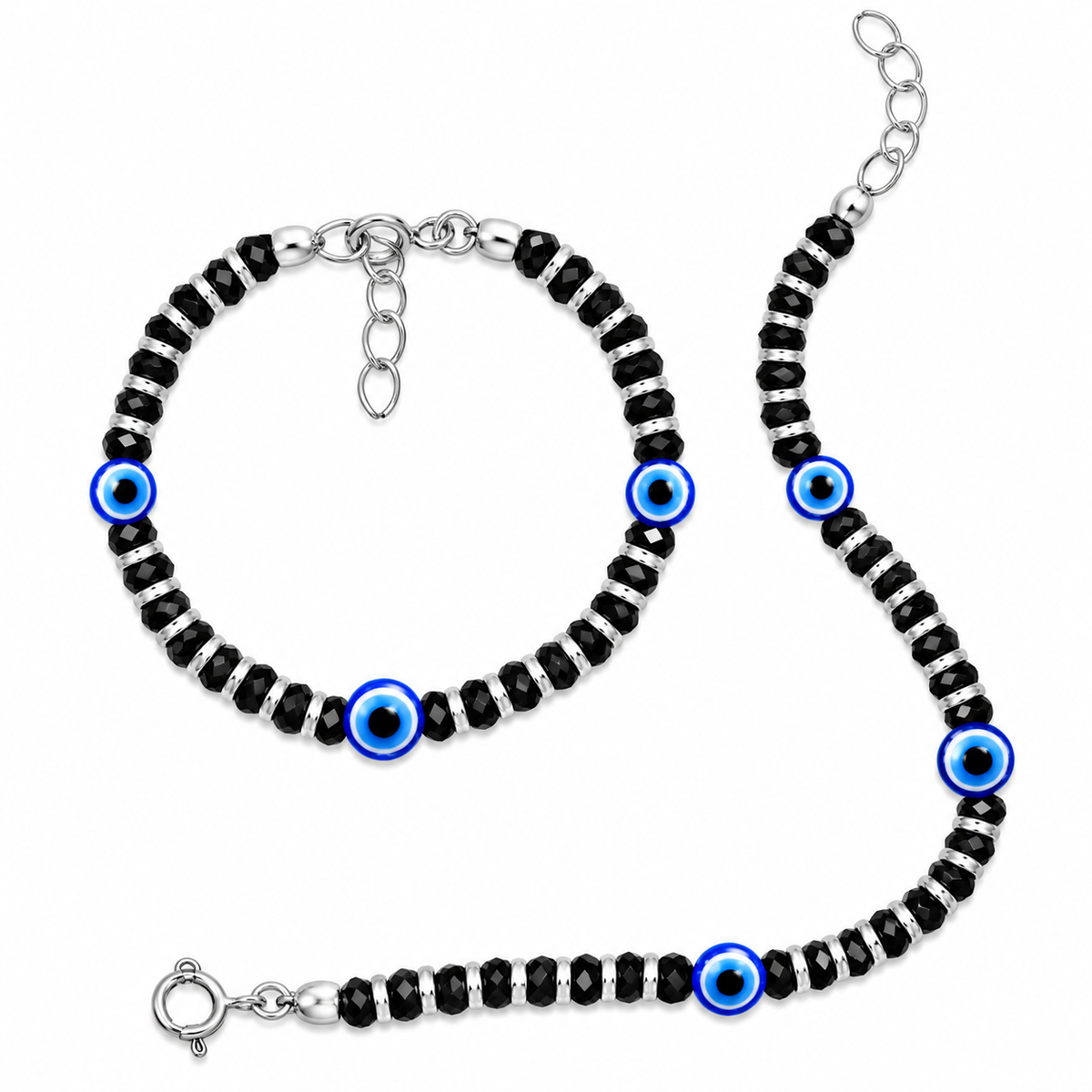 Swoke 925 Sterling Silver Triple Evil Eye Baby Nazariya Bracelet with Black Beads
