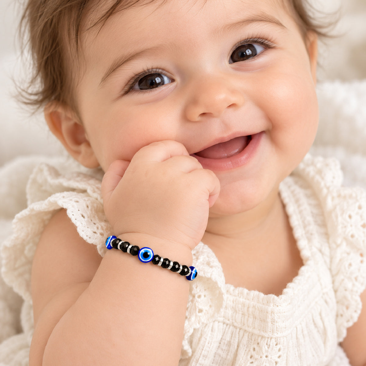 Swoke 925 Sterling Silver Triple Evil Eye Baby Nazariya Bracelet with Black Beads