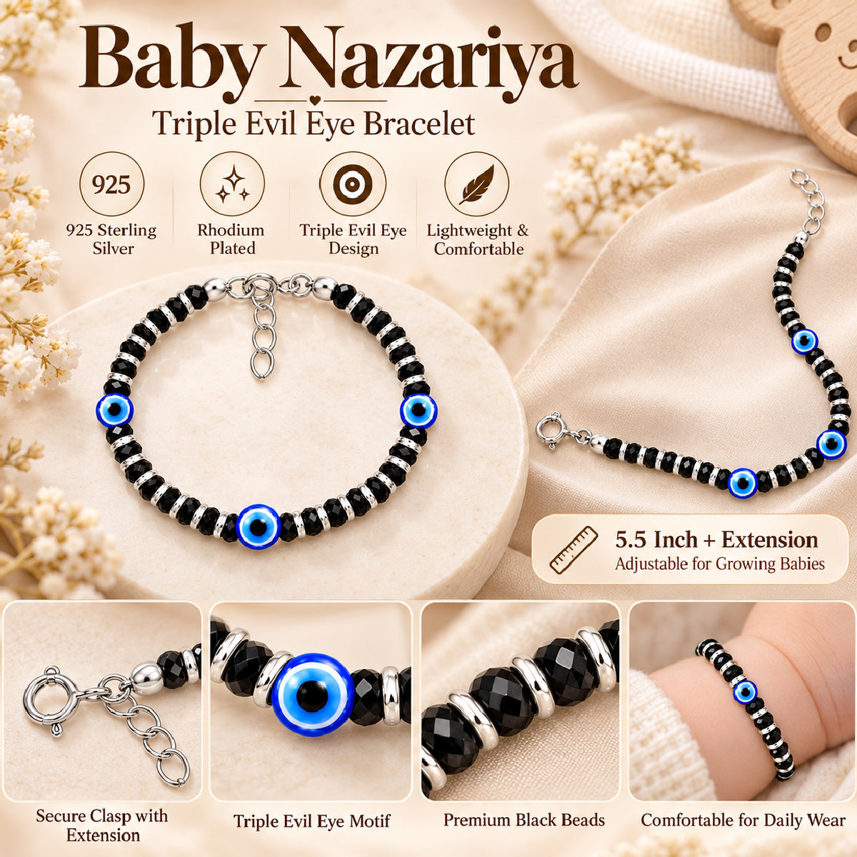 Swoke 925 Sterling Silver Triple Evil Eye Baby Nazariya Bracelet with Black Beads