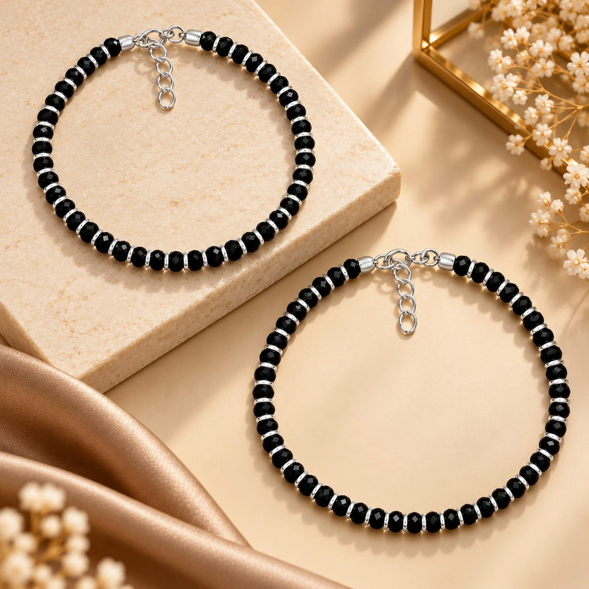 925 Sterling Silver Black Beads Nazariya Anklets Payal