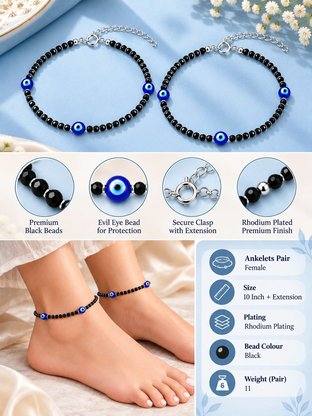925 Sterling Silver Triple Evil Eye Black Beads Payal