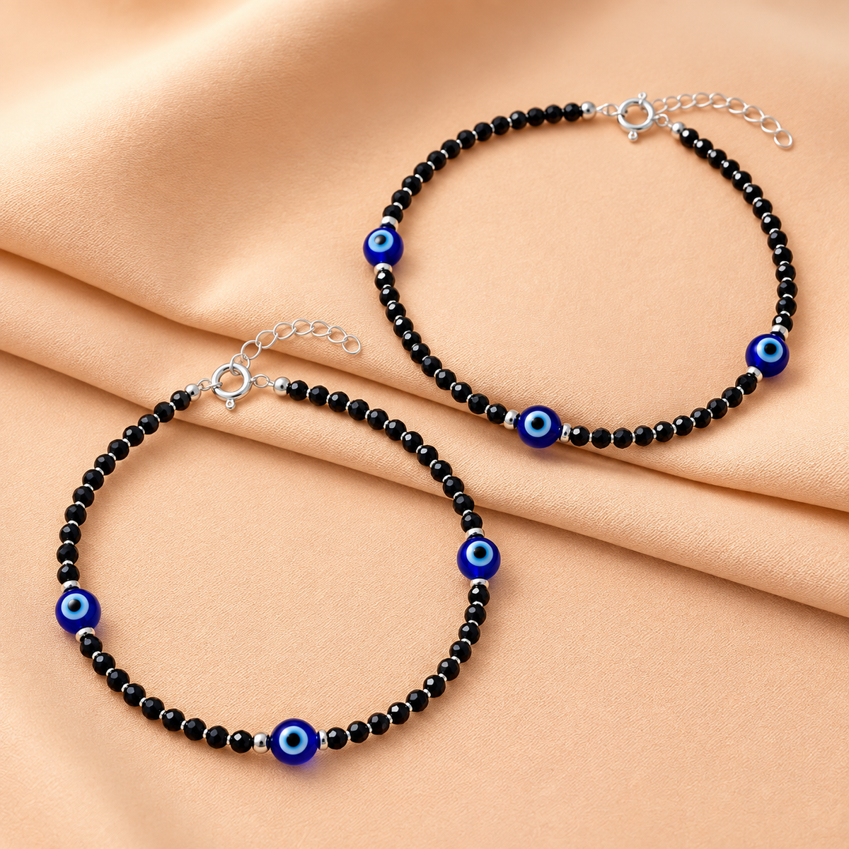 925 Sterling Silver Triple Evil Eye Black Beads Payal